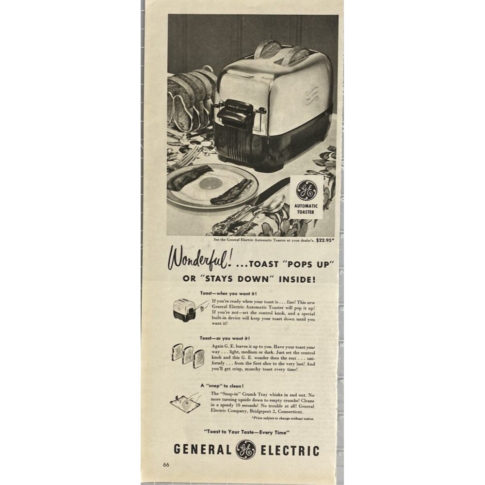 General Electric Automatic Toaster "Toast Pops Up or Stays Down" Print Ad 1951
